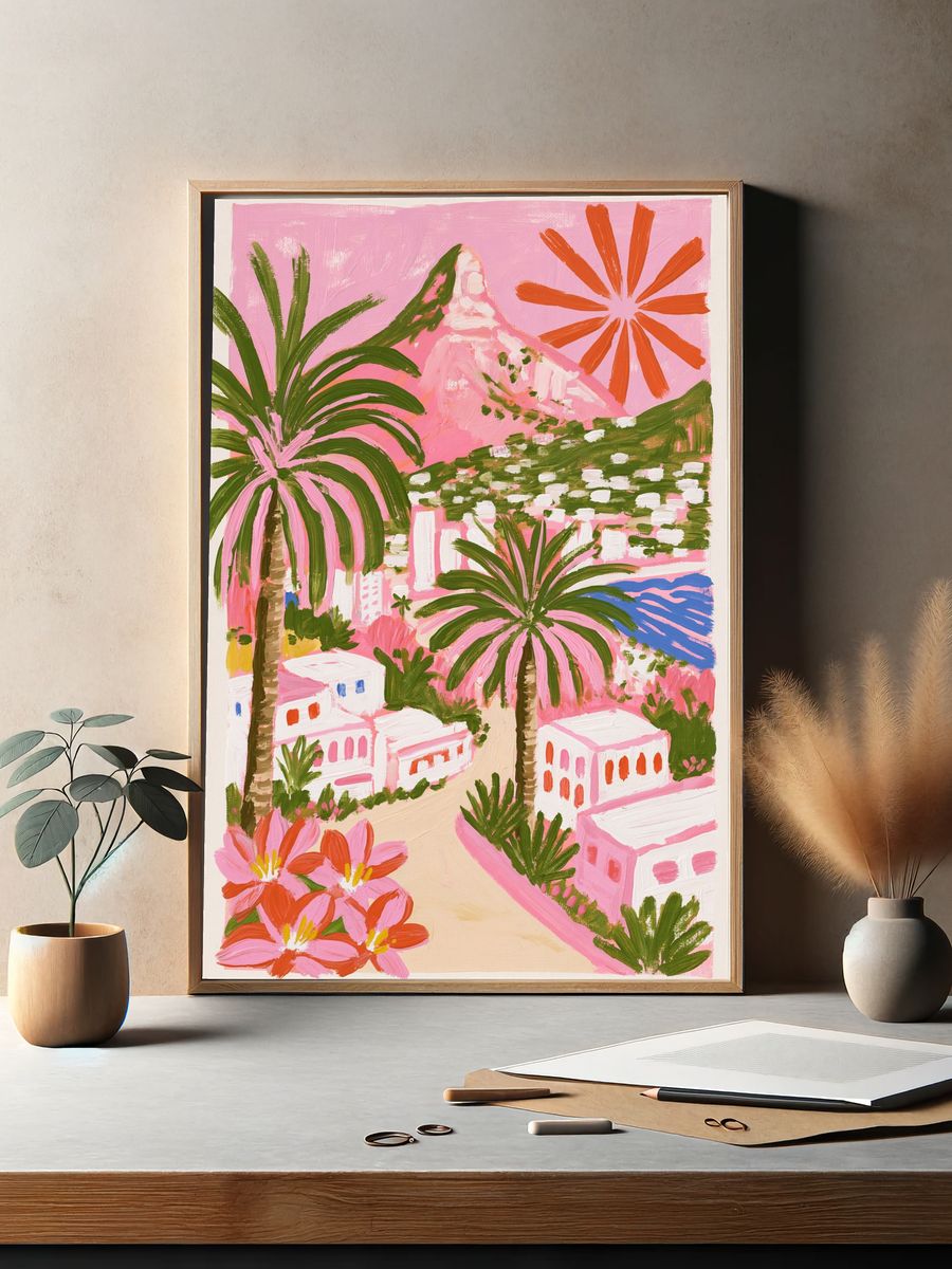 Pink Coastal Village Illustration Poster. — room view 2