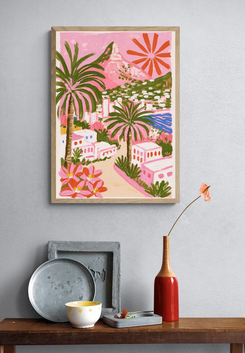 Pink Coastal Village Illustration Poster. — room view 3