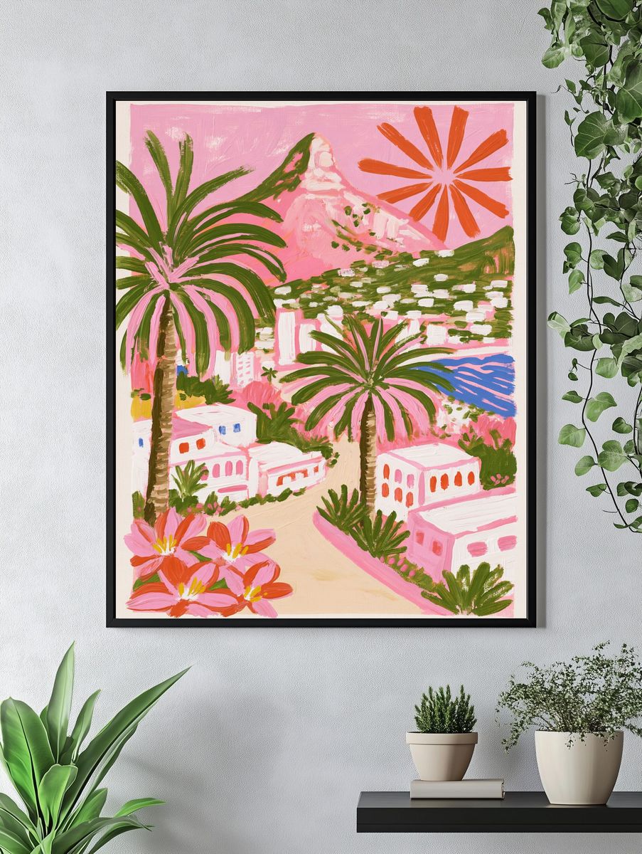 Pink Coastal Village Illustration Poster. — room view 4