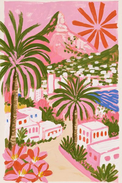 Pink Coastal Village Illustration Poster.
