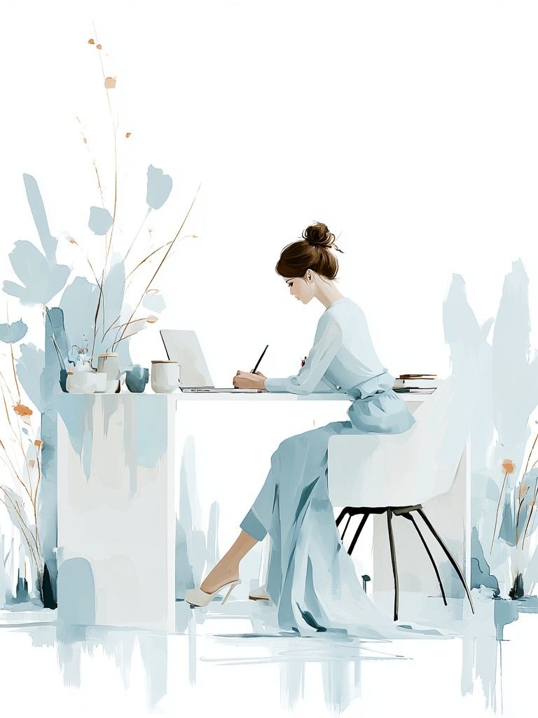 Elegant Woman at Desk Illustration Poster. poster — illustration art