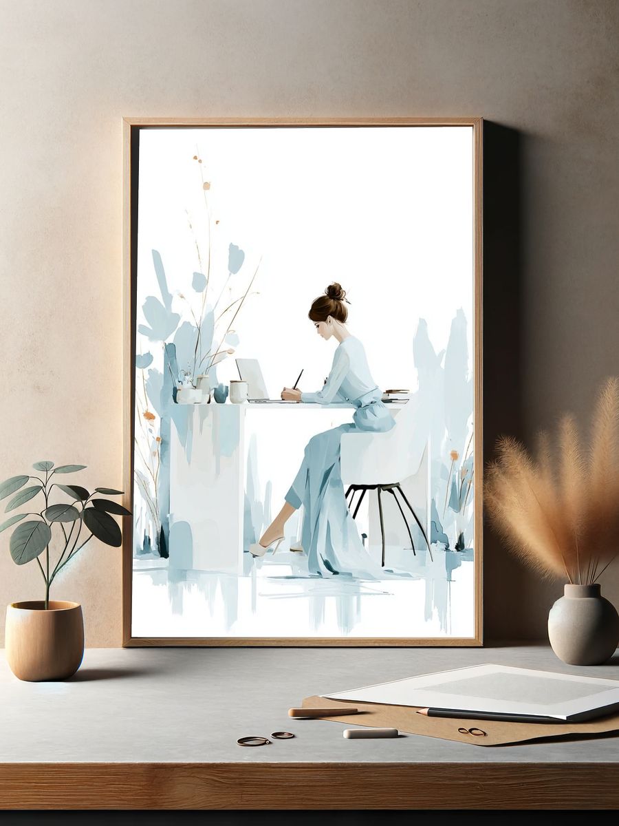 Elegant Woman at Desk Illustration Poster. — room view 2