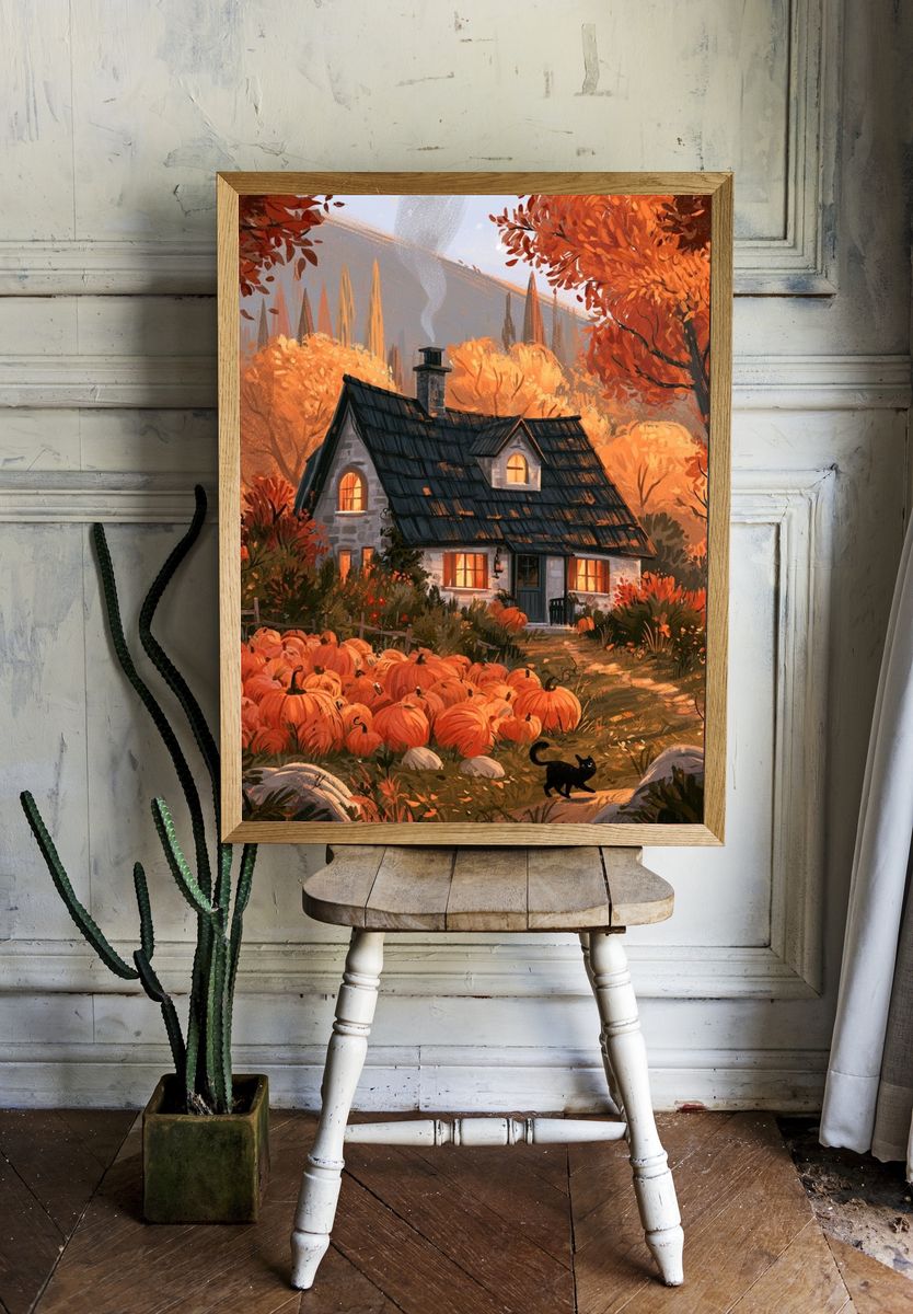 Autumn Cottage Illustration Poster. — room view 1