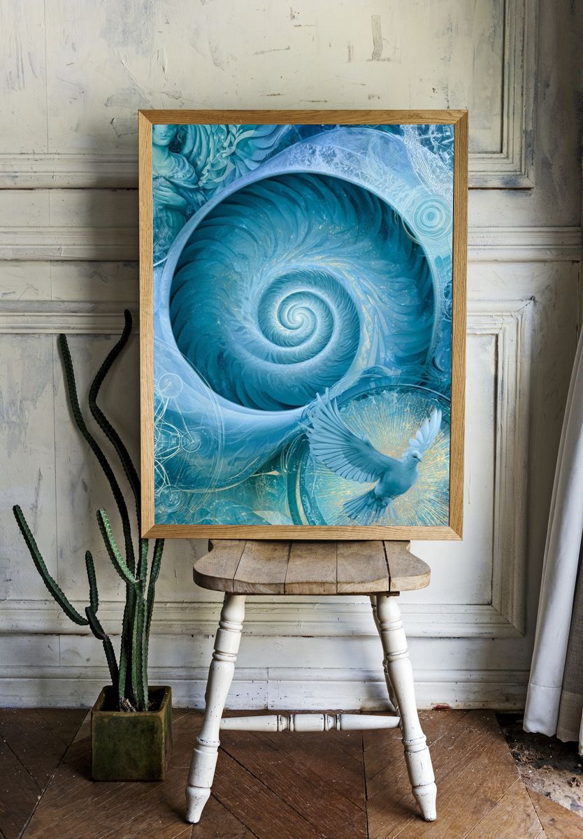 Celestial Blue Spiral Illustration Poster. — room view 1