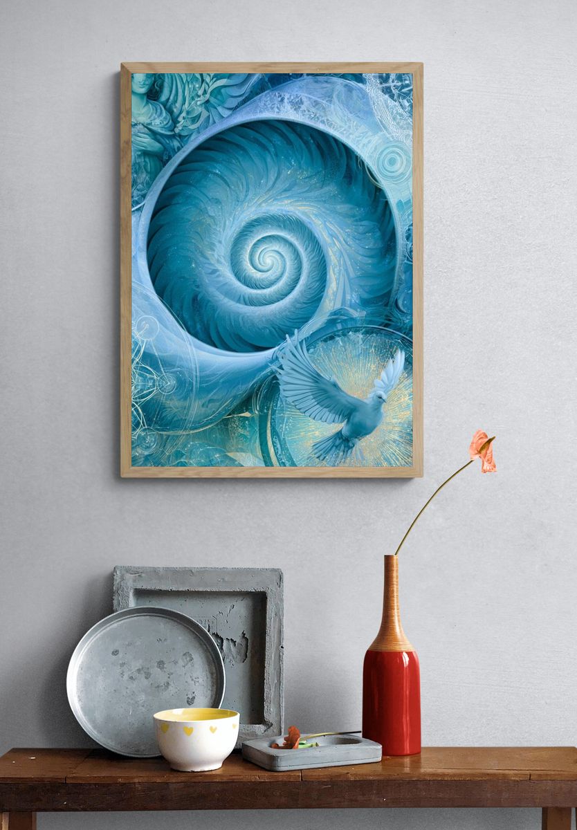 Celestial Blue Spiral Illustration Poster. — room view 3