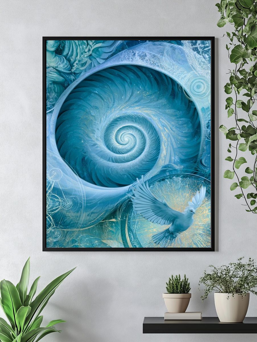 Celestial Blue Spiral Illustration Poster. — room view 4