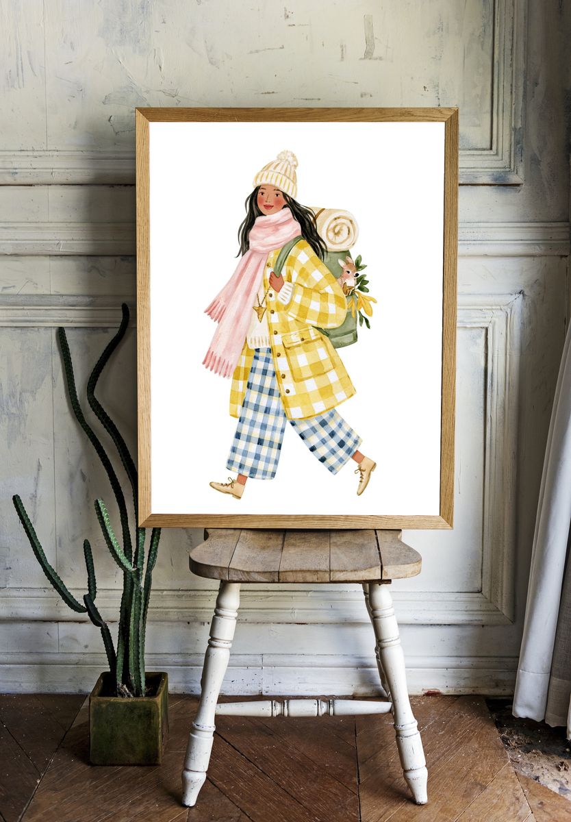 Winter Traveler Watercolor Print. room preview