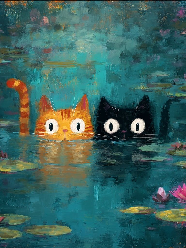 Cats in Lily Pond Illustration Poster. poster — illustration art