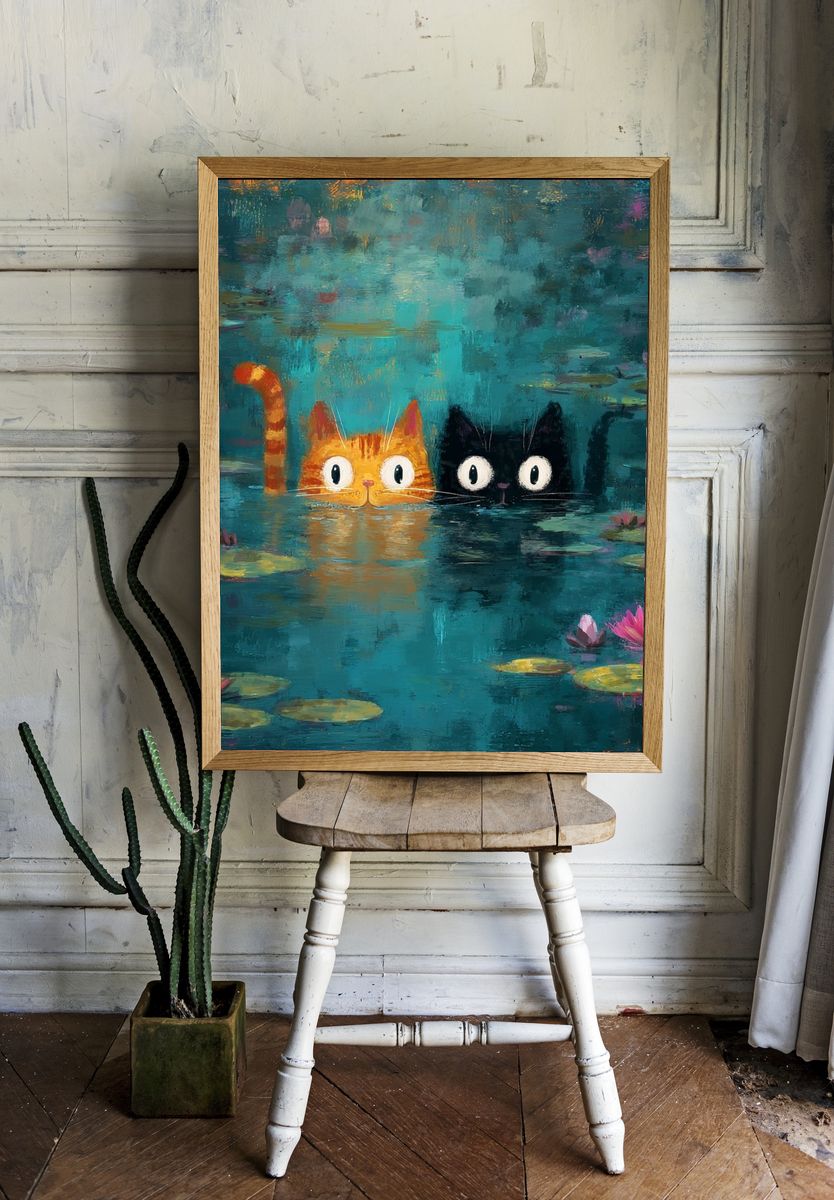 Cats in Lily Pond Illustration Poster room preview