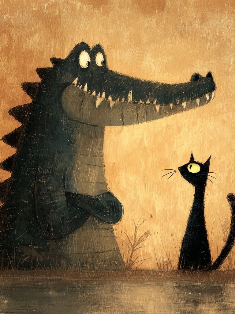 Crocodile and Cat Illustration Poster. poster — illustration art
