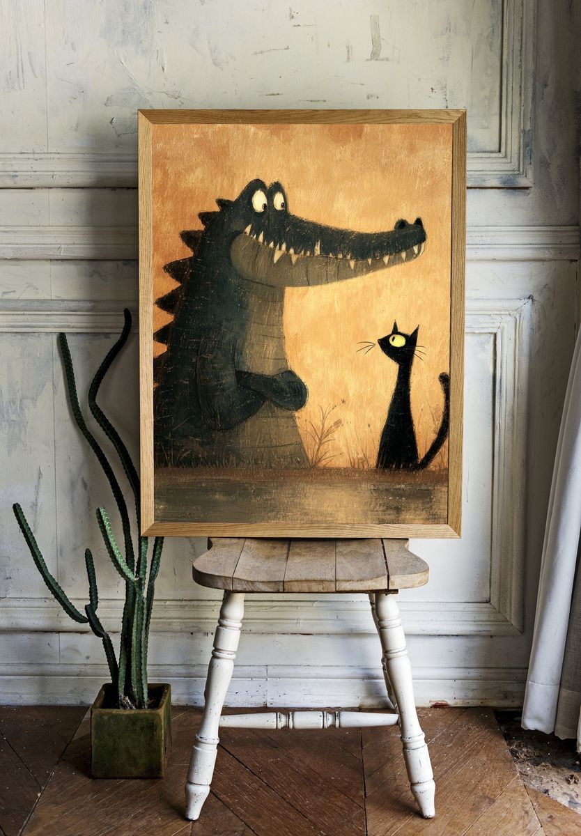 Crocodile and Cat Illustration Poster room preview