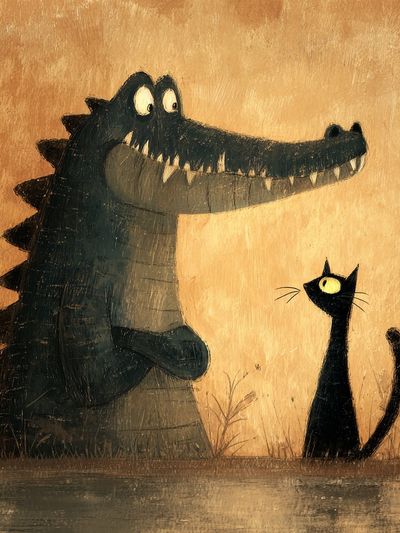 Crocodile and Cat Illustration Poster. poster