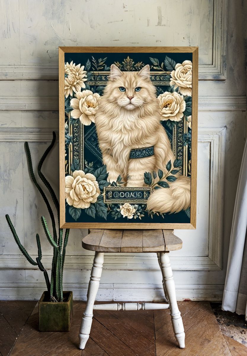 Floral Cat Portrait Illustration Poster. room preview