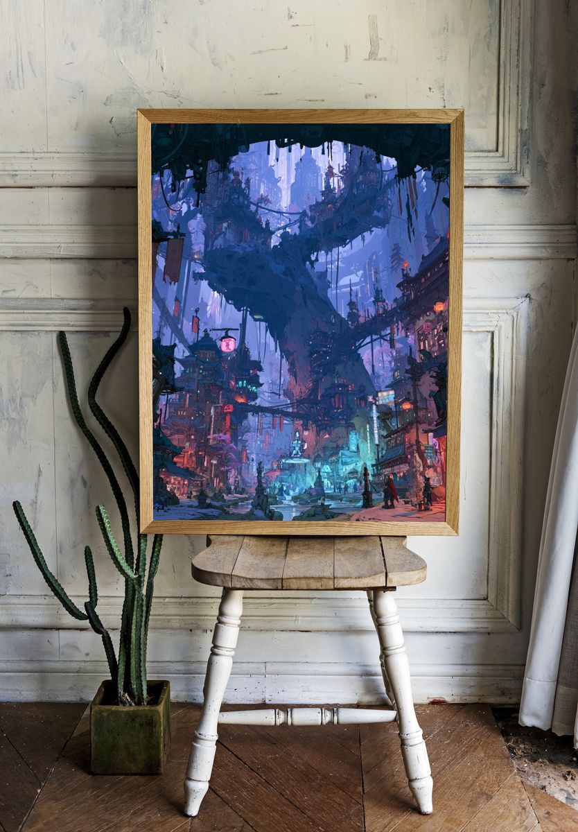Futuristic Neon Cityscape Illustration Poster. room preview