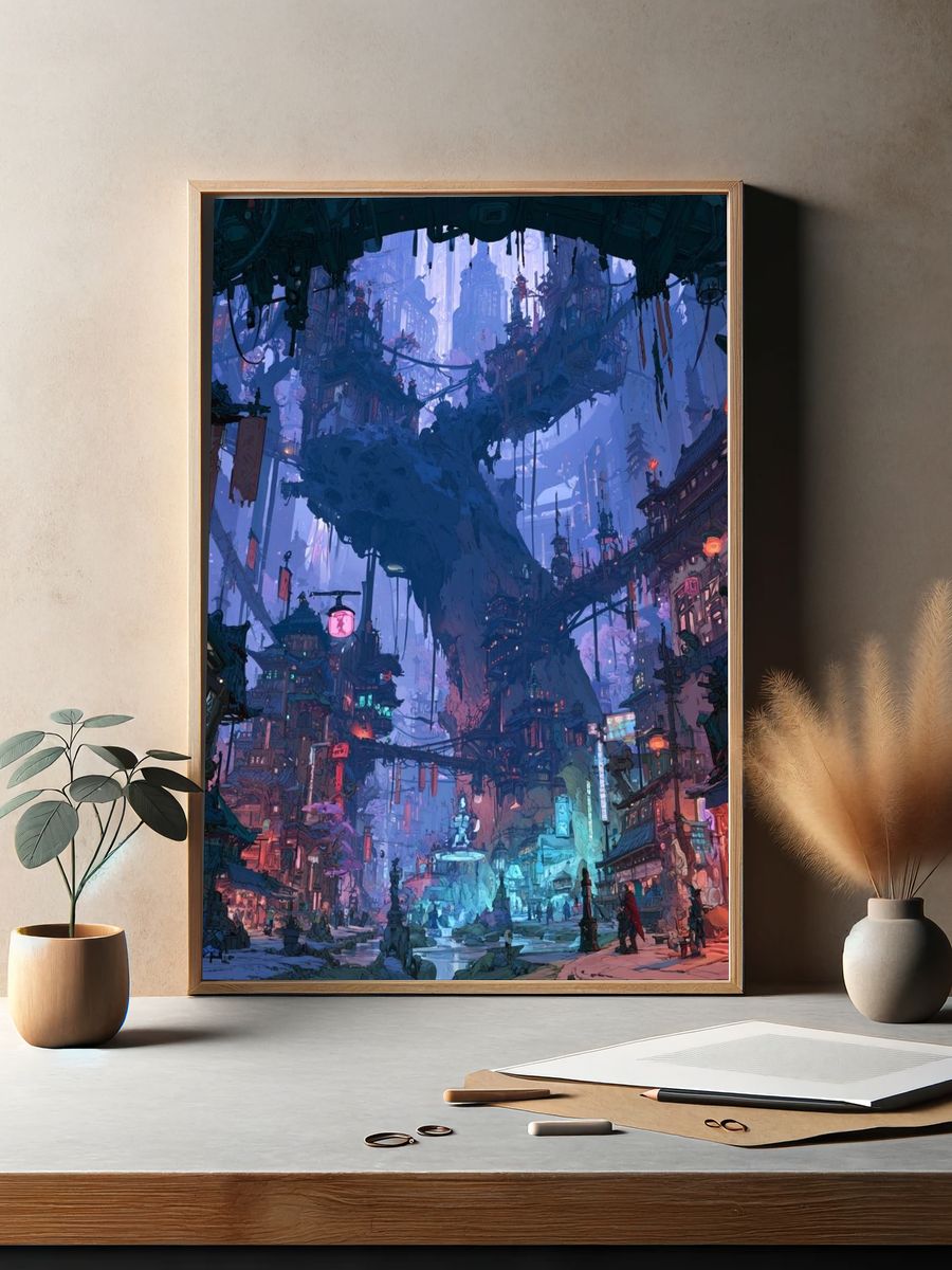 Futuristic Neon Cityscape Illustration Poster. — room view 2
