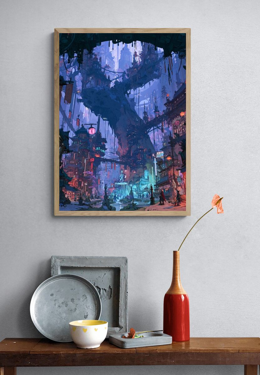 Futuristic Neon Cityscape Illustration Poster. — room view 3