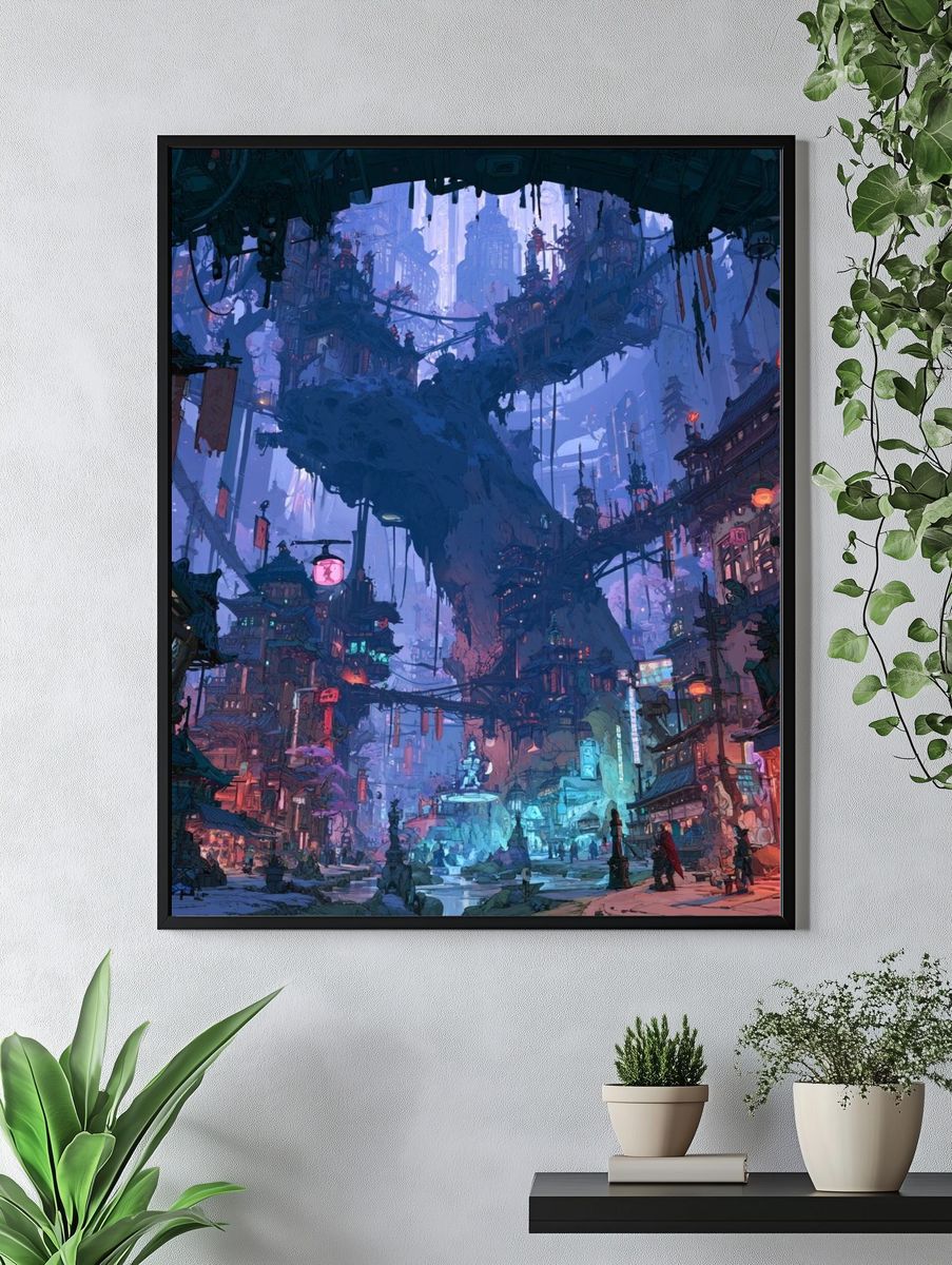 Futuristic Neon Cityscape Illustration Poster. — room view 4