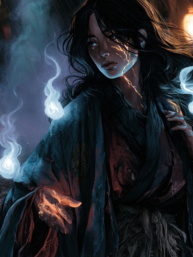 Mystic Woman with Spirit Flames Print. poster — illustration art