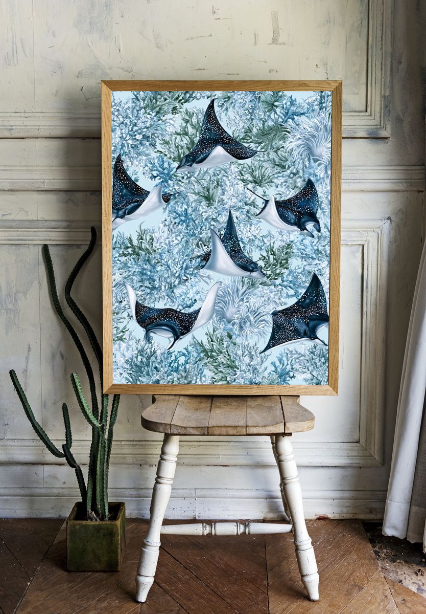Manta Ray Reef Illustration Print. — room view 1