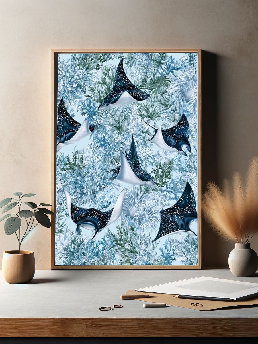 Manta Ray Reef Illustration Print. — room view 2