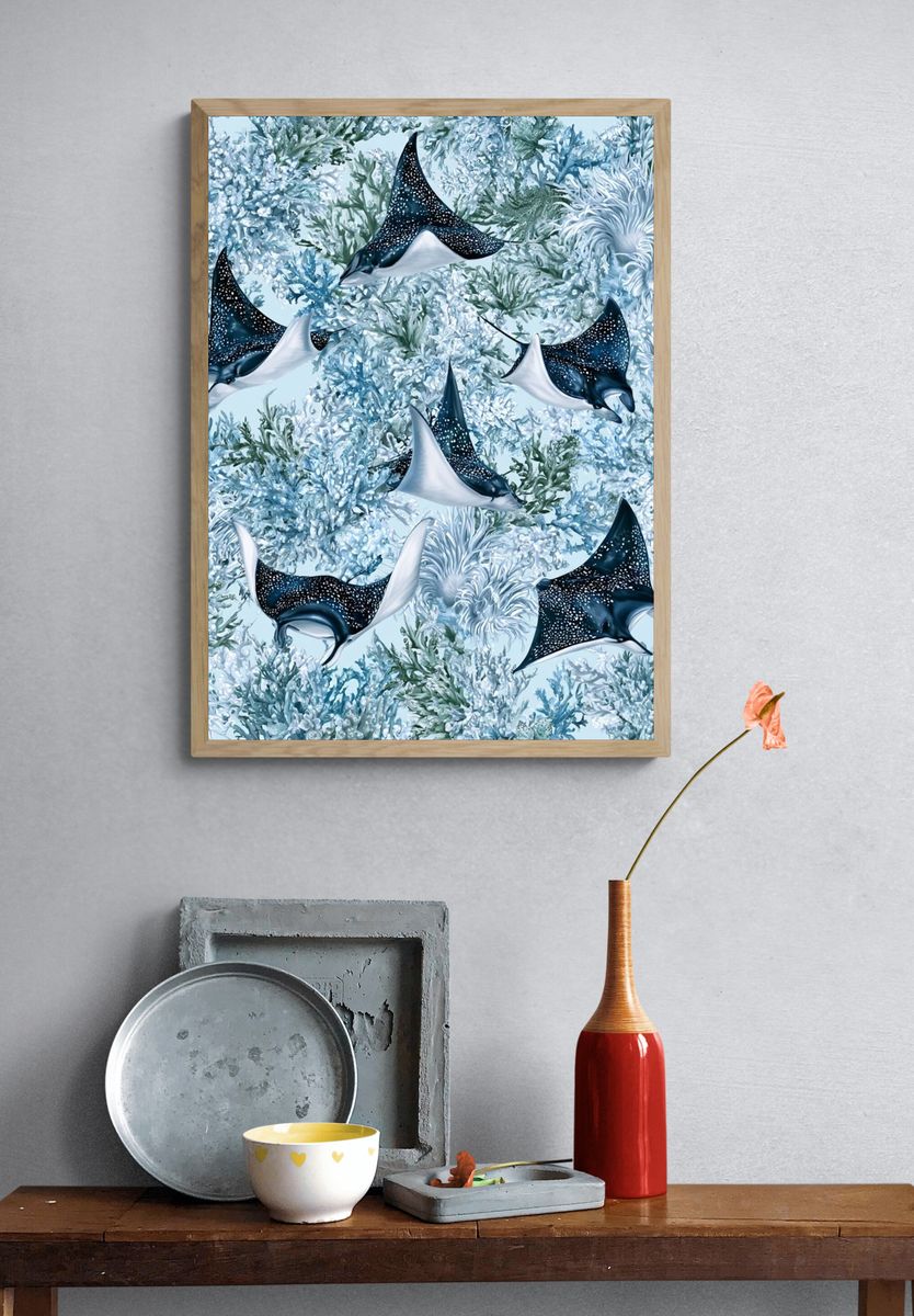 Manta Ray Reef Illustration Print. — room view 3