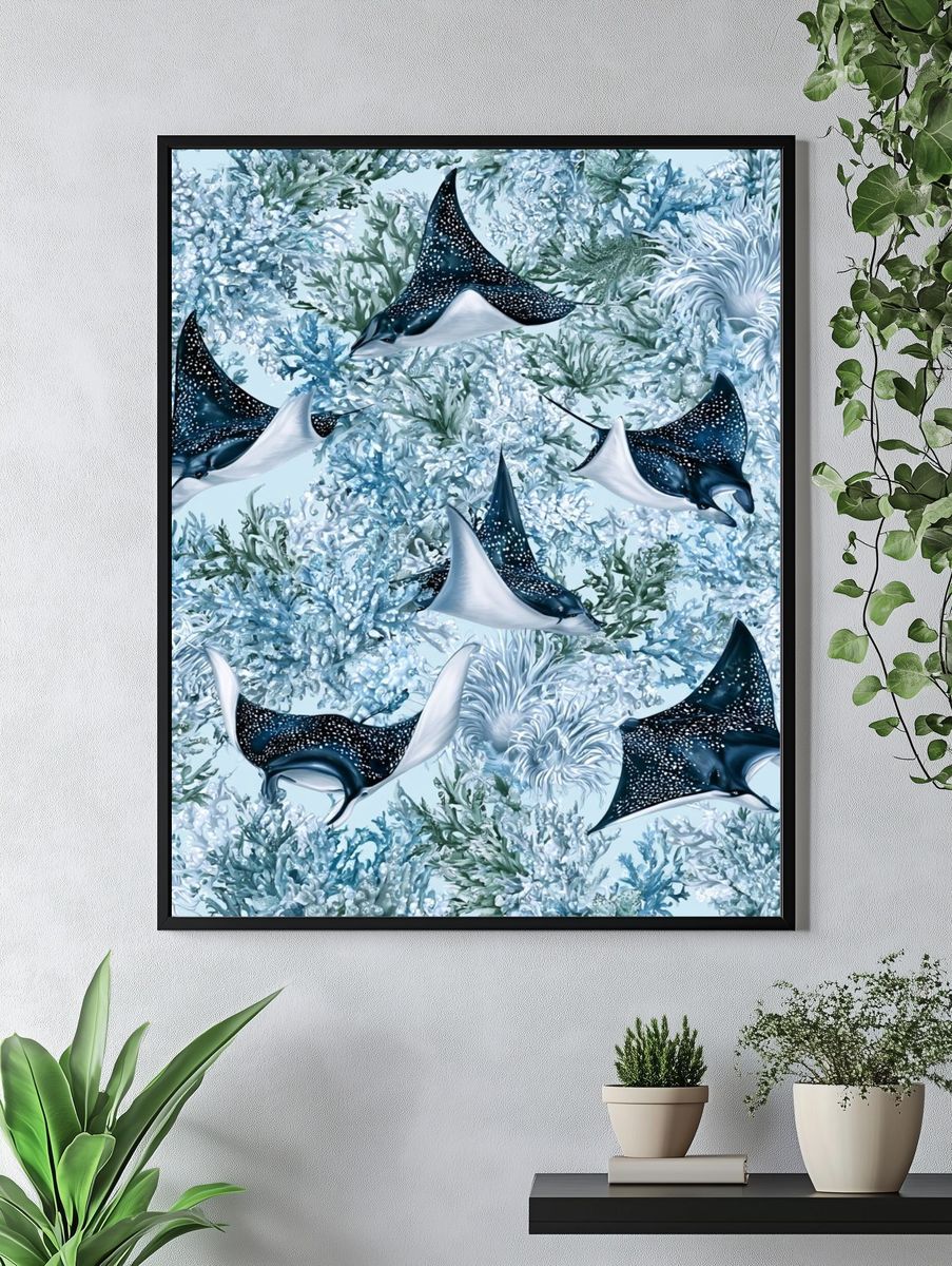 Manta Ray Reef Illustration Print. — room view 4