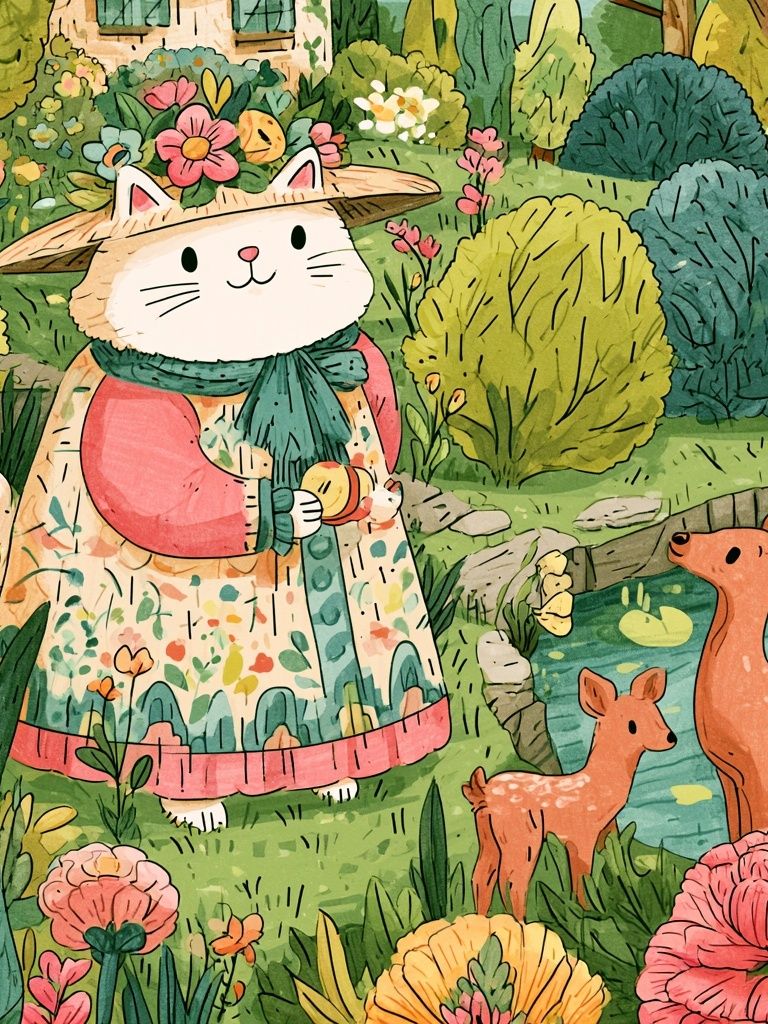 Garden Cat and Deer Illustration Poster. poster detail