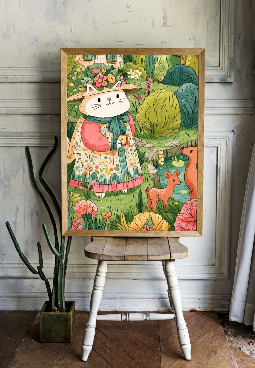 Garden Cat and Deer Illustration Poster. room preview
