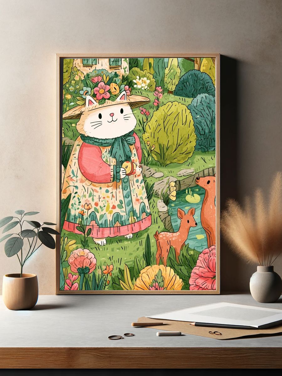 Garden Cat and Deer Illustration Poster. — room view 2