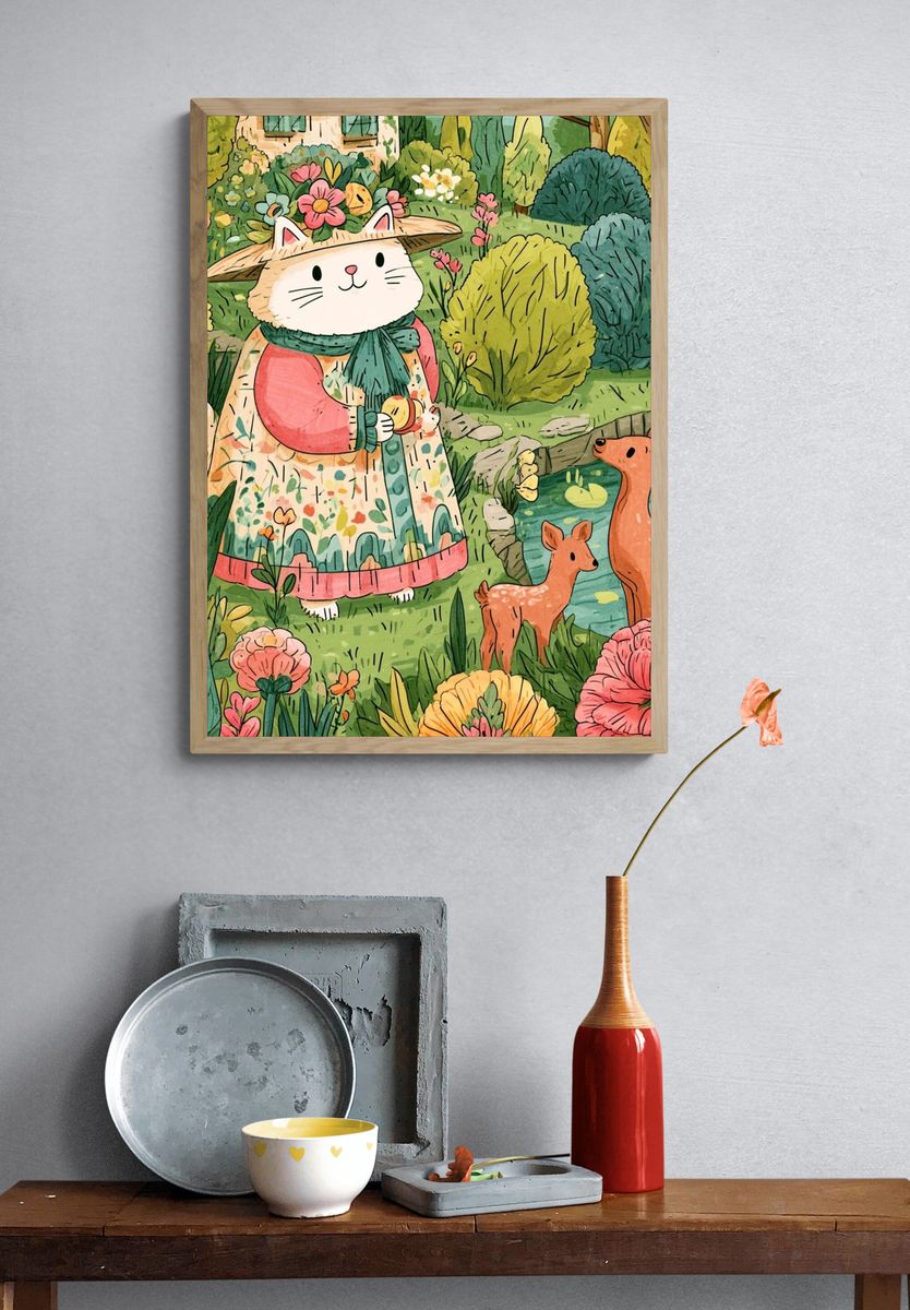 Garden Cat and Deer Illustration Poster. — room view 3