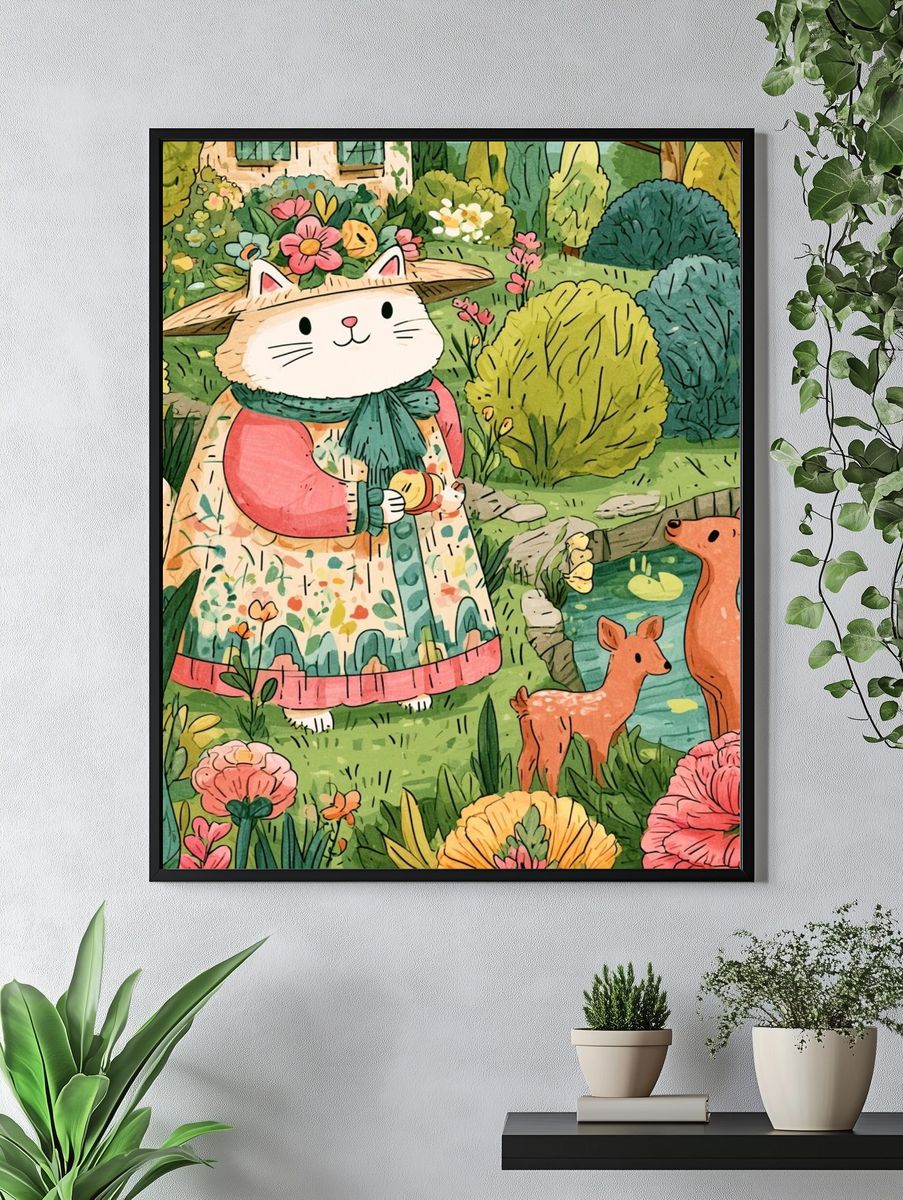 Garden Cat and Deer Illustration Poster. — room view 4