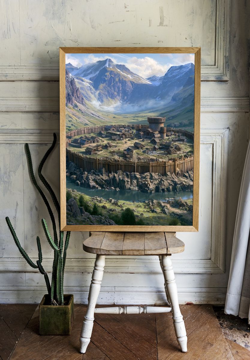 Mountain Fortress Village Illustration Poster. — room view 1