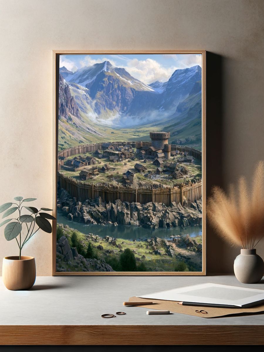 Mountain Fortress Village Illustration Poster. — room view 2