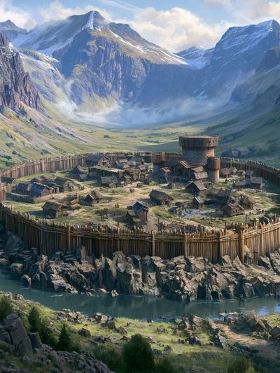 Mountain Fortress Village Illustration Poster. poster print