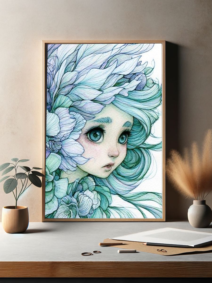 Floral Girl Portrait Illustration Poster. — room view 2