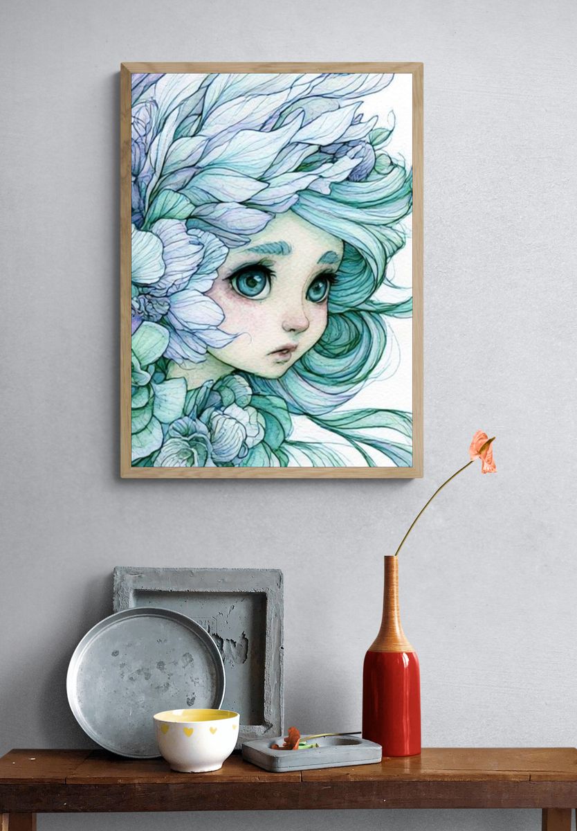 Floral Girl Portrait Illustration Poster. — room view 3