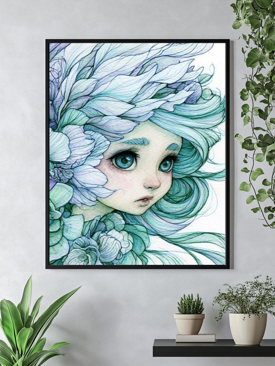 Floral Girl Portrait Illustration Poster. — room view 4