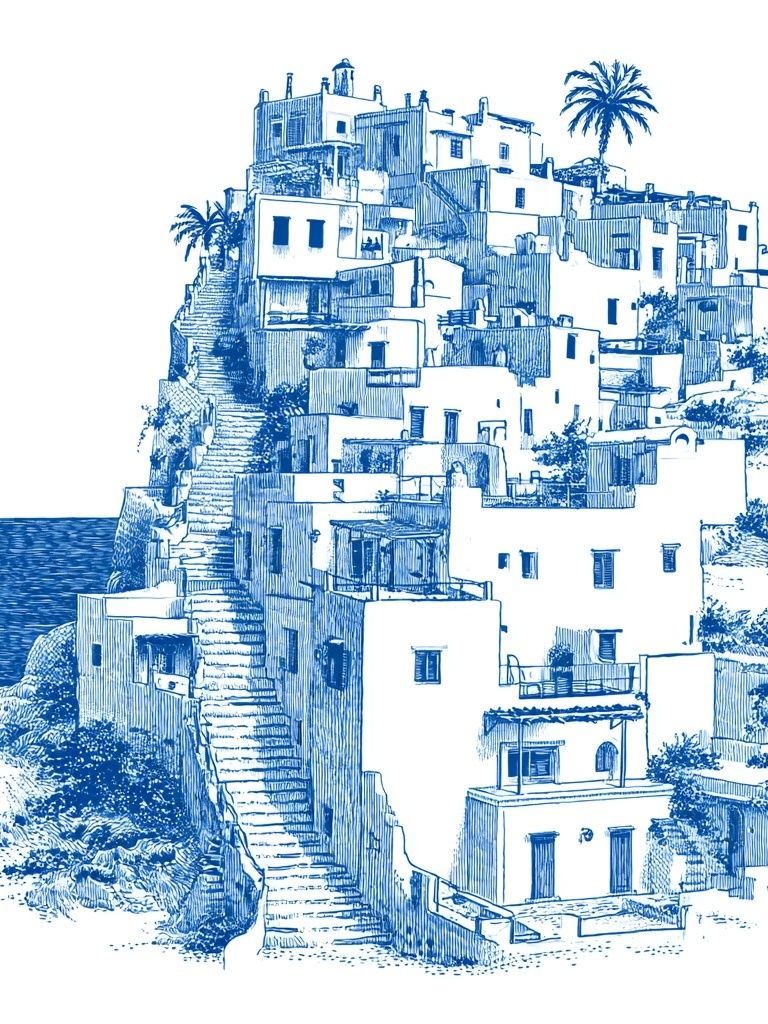 Mediterranean Cliff Village Illustration Print. poster detail