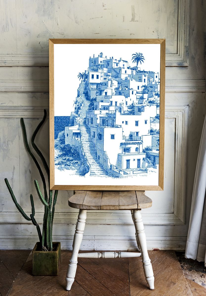 Mediterranean Cliff Village Illustration Print. room preview