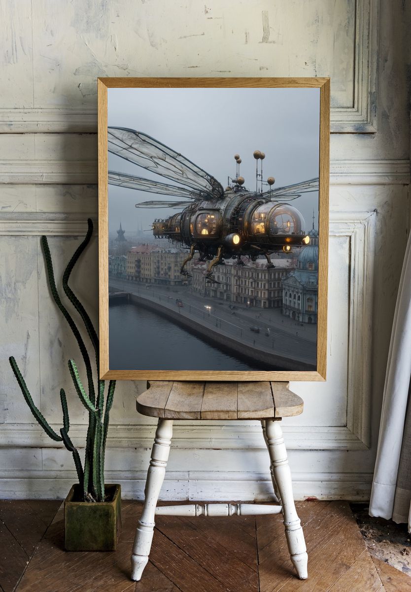 Steampunk Airship Over Cityscape Print. — room view 1