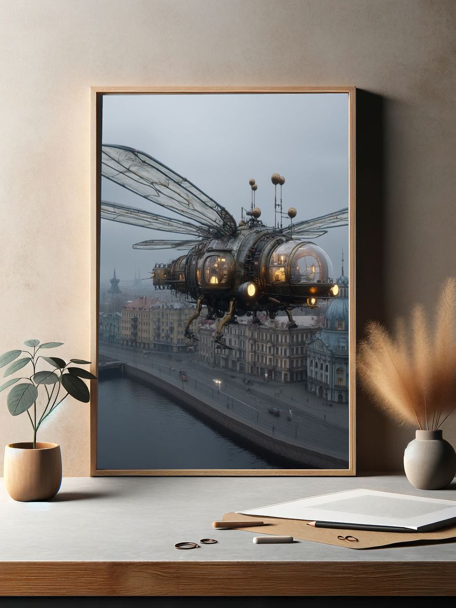 Steampunk Airship Over Cityscape Print. — room view 2