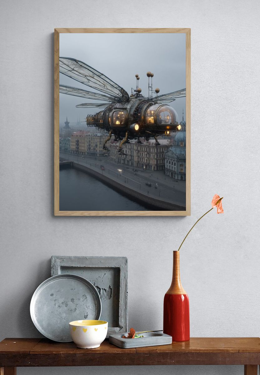 Steampunk Airship Over Cityscape Print. — room view 3