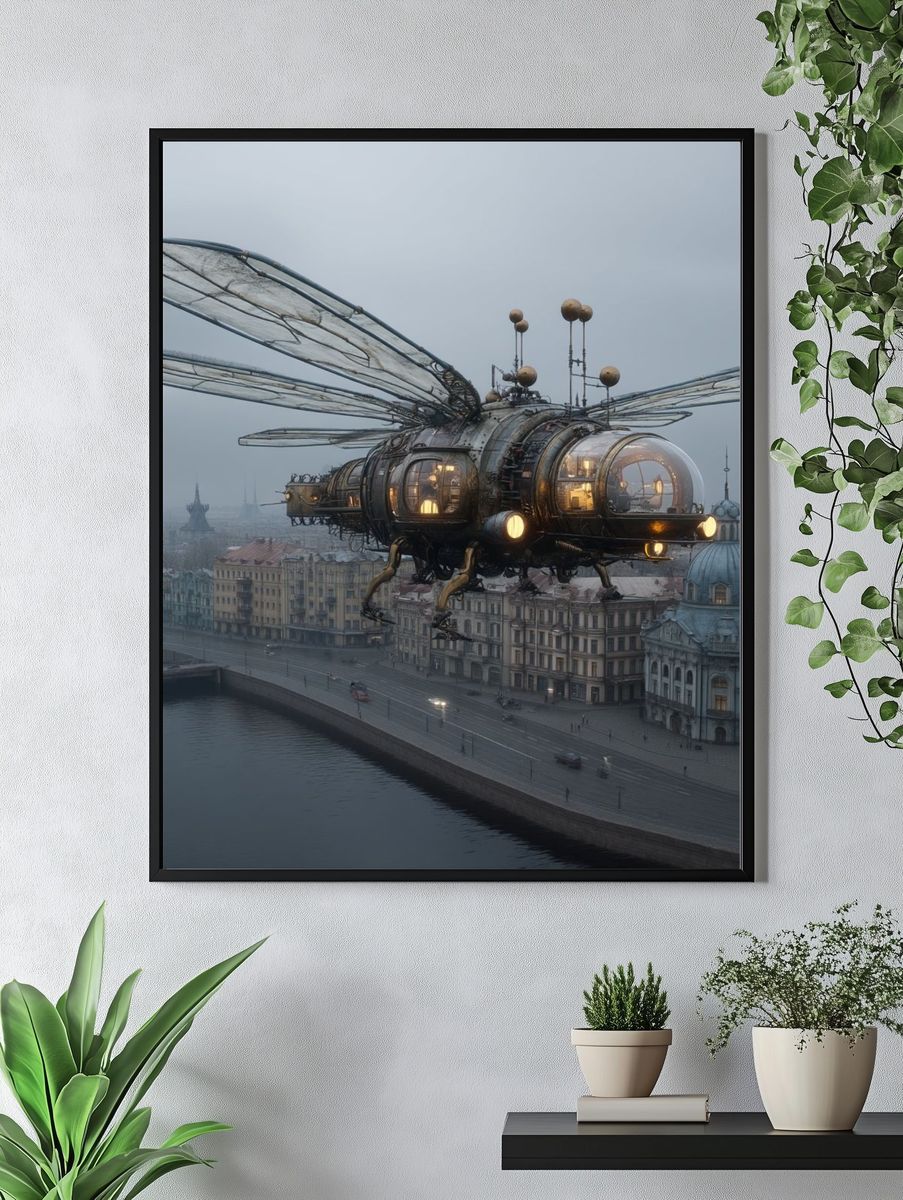 Steampunk Airship Over Cityscape Print. — room view 4