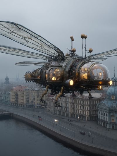 Steampunk Airship Over Cityscape Print. poster print