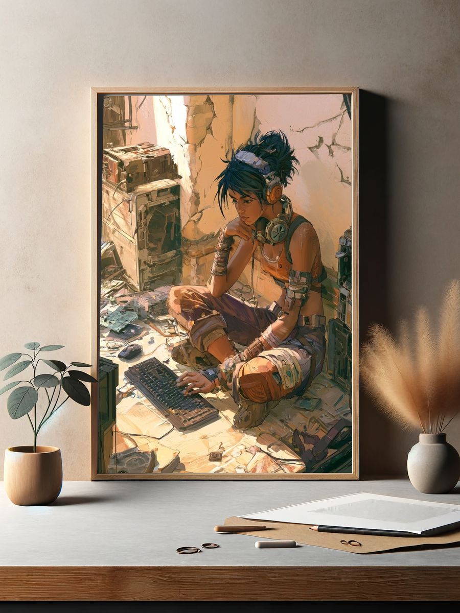 Cyberpunk Gamer Girl Illustration Poster. — room view 2