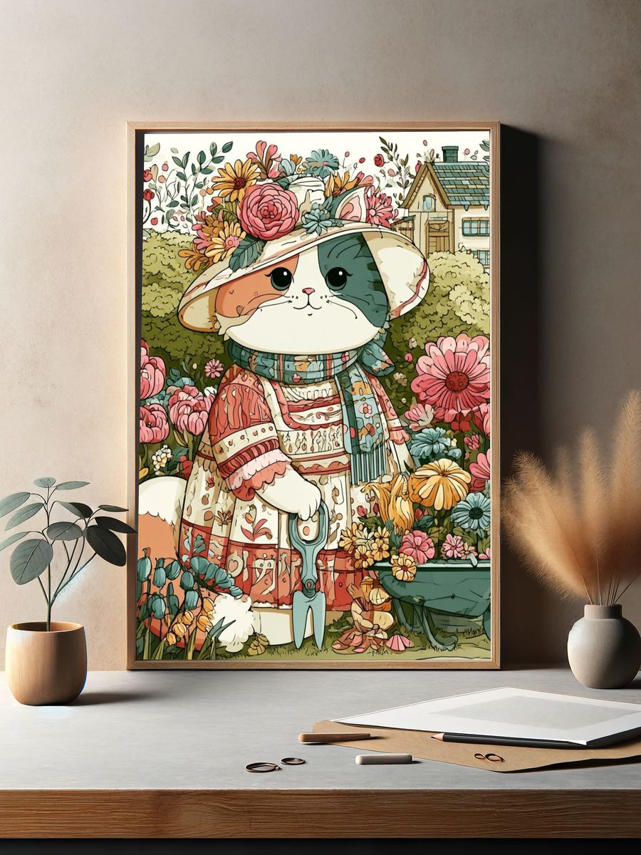 Garden Cat Illustration Poster. — room view 2