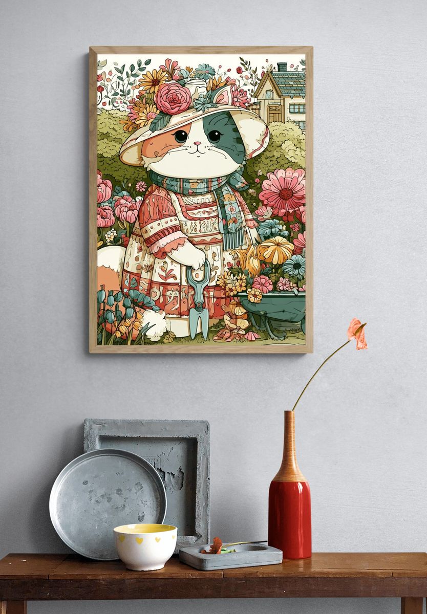 Garden Cat Illustration Poster. — room view 3