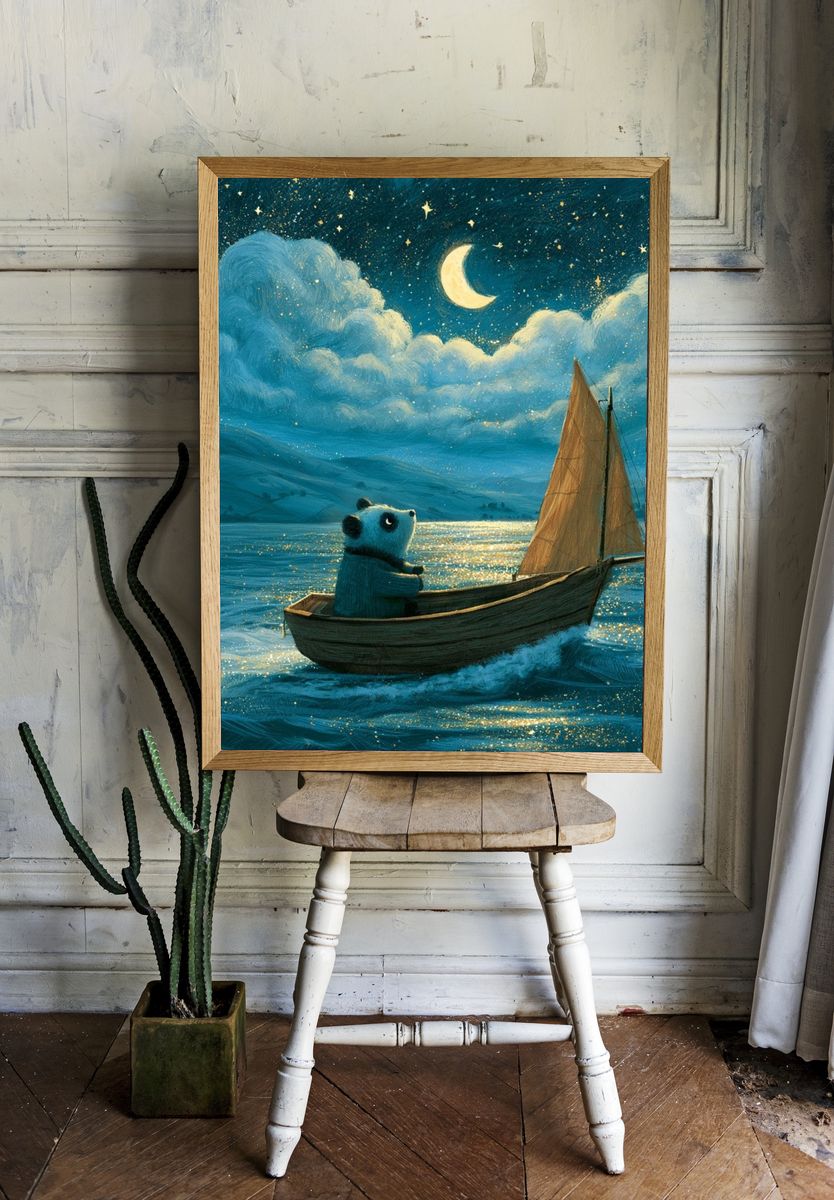 Moonlit Panda Sailboat Illustration Poster. — room view 1