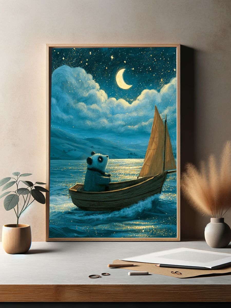 Moonlit Panda Sailboat Illustration Poster. — room view 2