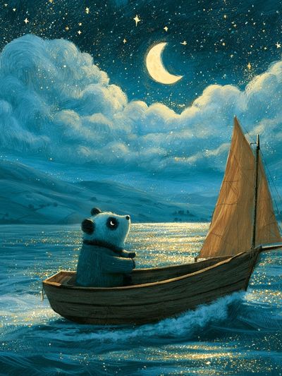 Moonlit Panda Sailboat Illustration Poster. poster print